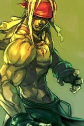 Rule 34 | 1boy, abs, alex (street fighter), black gloves, blonde hair, capcom, closed mouth, commentary request, fighting stance, fingerless gloves, fingernails, gloves, green background, headband, hungry clicker, long hair, male focus, muscular, solo, standing, street fighter, street fighter iii (series), topless male, upper body