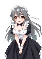 Rule 34 | 1girl, :d, alternate costume, bad id, bad pixiv id, black dress, blush, breasts, brown eyes, dress, enmaided, grey hair, hair between eyes, hair ornament, hairclip, haruna (kancolle), hoshino kagari, kantai collection, long hair, looking at viewer, maid, maid headdress, open mouth, own hands together, puffy short sleeves, puffy sleeves, short sleeves, simple background, small breasts, smile, solo, twitter username, very long hair, white background, wrist cuffs