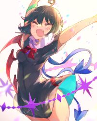 Rule 34 | 1girl, ahoge, arms up, asymmetrical wings, black dress, black hair, blue wings, blush, bow, bowtie, breasts, closed eyes, cowboy shot, dress, fang, happy, highres, houjuu nue, medium hair, open mouth, ra mun5239, red bow, red bowtie, red wings, short dress, short sleeves, small breasts, smile, solo, touhou, v-shaped eyebrows, wings