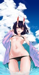 Rule 34 | 1girl, absurdres, august., bare shoulders, bikini, black bikini, blue sky, blush, bob cut, breasts, collarbone, eyeliner, fangs, fate/grand order, fate (series), highres, horns, jacket, long sleeves, looking at viewer, makeup, navel, off shoulder, oni, open clothes, open jacket, open mouth, purple eyes, purple hair, purple jacket, short hair, shuten douji (fate), skin-covered horns, sky, small breasts, smile, swimsuit, thighs, wading, water