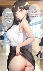 Rule 34 | 1girl, absurdres, ass, black hair, breasts, clothes lift, english text, female focus, gentsuki, highres, large breasts, lifted by self, long hair, looking at viewer, no panties, skirt, skirt lift, smile, solo focus, teacher, yellow eyes