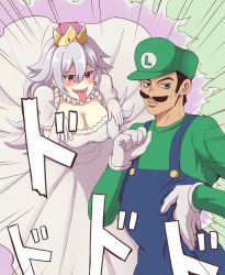 Rule 34 | 1boy, 1girl, :d, blue overalls, blush, breasts, brown hair, cleavage, closed mouth, commentary request, crossover, crown, dress, earrings, elbow gloves, emphasis lines, eyelashes, facial hair, ghost, ghost pose, gloves, green hat, green shirt, hair between eyes, half-closed eyes, hat, highres, jewelry, jojo no kimyou na bouken, jojo pose, large breasts, lips, long hair, long sleeves, long tongue, looking at another, looking at viewer, luigi, luigi&#039;s mansion, mario (series), mustache, new super mario bros. u deluxe, nintendo, open mouth, overalls, parody, parted bangs, princess king boo, puffy short sleeves, puffy sleeves, sanpaku, sharp teeth, shirt, short sleeves, single letter, smile, sound effects, style parody, super crown, teeth, thick eyebrows, tomuzou, tongue, tongue out, v-shaped eyebrows, white dress, white gloves, white hair