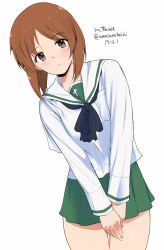 Rule 34 | 1girl, amasora taichi, black neckerchief, blouse, blush, brown eyes, brown hair, character name, closed mouth, commentary, cowboy shot, dated, girls und panzer, green skirt, highres, leaning to the side, long sleeves, looking at viewer, miniskirt, neckerchief, nishizumi miho, one-hour drawing challenge, ooarai school uniform, pleated skirt, school uniform, serafuku, shirt, short hair, simple background, skirt, solo, standing, twitter username, white background, white shirt