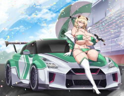 Rule 34 | 1girl, absurdres, alternate costume, animal ears, arm support, asymmetrical footwear, bear ears, bear girl, bikini, black bikini, blonde hair, blue eyes, blue sky, blush, boots, braid, breasts, car, cho!cho!, cleavage, closed mouth, clothing cutout, cloud, collarbone, commentary, confetti, cropped jacket, day, earrings, extra ears, eyepatch bikini, flower, frigga (last origin), full body, gloves, green bikini, green flower, green jacket, green skirt, groin, hair between eyes, high heel boots, high heels, highres, holding, holding umbrella, huge breasts, jacket, jewelry, last origin, long hair, looking at viewer, microskirt, mismatched footwear, mole, mole under mouth, motor vehicle, navel, nissan, nissan gt-r, off shoulder, open clothes, open jacket, outdoors, race queen, race vehicle, racecar, racetrack, shadow, side cutout, sidelocks, single bare shoulder, sitting, sitting on car, skindentation, skirt, sky, smile, solo, stomach, swimsuit, thigh boots, twin braids, umbrella, white footwear, white gloves