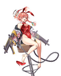 Rule 34 | 1girl, ahoge, animal ears, asymmetrical bangs, bandaid, bandaid on knee, bandaid on leg, blue archive, bow, bowtie, braid, detached collar, dual wielding, fake animal ears, gun, halo, high heels, holding, huge ahoge, jacket, leotard, looking at viewer, maccyman, mole, mole under eye, neru (blue archive), neru (bunny) (blue archive), orange hair, oversized breast cup, playboy bunny, print jacket, rabbit ears, rabbit tail, red bow, red bowtie, red eyes, red footwear, red leotard, shoe dangle, shoes, sig mpx, simple background, single braid, single shoe, solo, stool, strapless, strapless leotard, submachine gun, sukajan, tail, traditional bowtie, weapon, white background