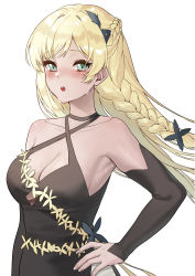 Rule 34 | 1girl, absurdres, bare shoulders, black dress, blonde hair, blush, braid, breasts, cleavage, collarbone, dress, fingernails, french braid, girls&#039; frontline, green eyes, hand on own hip, highres, k5 (destiny waltz) (girls&#039; frontline), k5 (girls&#039; frontline), kir (khw66136132), long hair, looking at viewer, medium breasts, official alternate costume, open mouth, solo, sweatdrop, white background