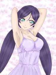 Rule 34 | 1girl, arms up, artist name, artist request, bare shoulders, blush, breasts, collarbone, female focus, fredericahiyone, green eyes, hair ornament, hair scrunchie, hands over head, highres, hiyone, long hair, looking at viewer, love live!, love live! school idol project, medium breasts, parted lips, pink scrunchie, purple hair, purple shirt, scrunchie, shirt, smile, solo, tojo nozomi, twintails