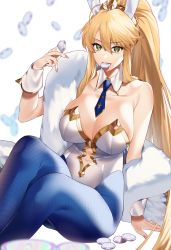 Rule 34 | 1girl, ahoge, animal ears, artoria pendragon (all), artoria pendragon (fate), artoria pendragon (swimsuit ruler) (fate), blonde hair, blue pantyhose, braid, breasts, cleavage, detached collar, fake animal ears, fate/grand order, fate (series), french braid, green eyes, hair between eyes, highres, large breasts, leotard, long hair, looking at viewer, pantyhose, playboy bunny, poker chip, rabbit ears, simple background, sino42, sitting, solo, white background