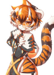 Rule 34 | 1girl, :&lt;, animal ears, animal nose, arknights, black hair, blush, body fur, claws, commentary request, cowboy shot, crossed arms, fang, furry, furry female, glasses, hair between eyes, highres, horokusa (korai), looking at viewer, multicolored hair, orange eyes, orange fur, orange hair, partial commentary, pelvic curtain, round eyewear, short hair, simple background, slit pupils, solo, streaked hair, striped tail, tail, tiger, tiger ears, tiger girl, tiger stripes, tiger tail, two-tone fur, waai fu (arknights), white background, white fur, white hair