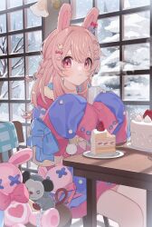 Rule 34 | 1girl, :&lt;, animal ears, bow, braid, cake, chiri (ch!), closed mouth, commentary, commission, cup, english commentary, food, fruit, hair bow, hair ornament, heart, heart hair ornament, highres, holding, holding cup, indoors, looking at viewer, mug, pajamas, phase connect, pink eyes, pink hair, pipkin pippa, pipkin pippa (1st costume), rabbit ears, rabbit girl, second-party source, sitting, sleeves past fingers, sleeves past wrists, snow, snowing, solo, star (symbol), star hair ornament, steam, strawberry, strawberry shortcake, stuffed animal, stuffed toy, virtual youtuber, window, winter