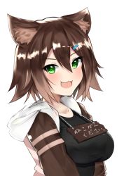 Rule 34 | 1girl, :3, :d, animal ear fluff, animal ears, blush, breasts, brown hair, cat ears, commentary request, fang, fish hair ornament, fumino tamaki, green eyes, hair between eyes, hair ornament, hood, hood down, hoodie, large breasts, looking at viewer, nemun (tamizzz), nijisanji, open mouth, short hair, simple background, smile, solo, translation request, upper body, virtual youtuber, white background