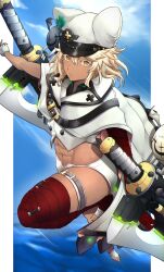 Rule 34 | 1girl, abs, absurdres, arc system works, bandages, blonde hair, blue background, border, cape, closed mouth, dark-skinned female, dark skin, fingerless gloves, floating, floating object, full body, gloves, guilty gear, guilty gear strive, hair between eyes, hat, highres, huge weapon, leg up, long hair, lucifero (guilty gear), military hat, orange eyes, petting, ramlethal valentine, short shorts, shorts, simple background, solo, souma (so u maaaaa), sword, tan, thick thighs, thigh strap, thighs, toned, weapon, white border, white cape, white gloves