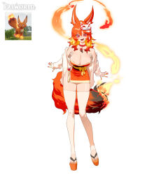 Rule 34 | 1girl, absurdres, animal ears, breasts, collar, fangs, fire, flame-tipped tail, fox, fox ears, fox girl, fox mask, fox tail, foxparks, highres, large breasts, looking at viewer, mask, open mouth, orange fur, orange hair, pal (creature), palworld, personification, red eyes, simple background, smile, solo, tail, white background, wonbin lee