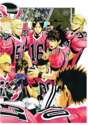 Rule 34 | 6+boys, american football, american football helmet, american football uniform, bandaid, bandaid on face, bandaid on nose, beard, bench, brown hair, character request, closed mouth, eyeshield 21, facial hair, facial scar, fingernails, helmet, highres, index finger raised, kobayakawa sena, male focus, medium hair, multiple boys, murata yuusuke, official art, open mouth, pants, ponytail, red eyes, scan, scar, scar on cheek, scar on face, short hair, shoulder pads, sitting, spiked hair, sportswear, sweat, traditional media, white pants, wristband