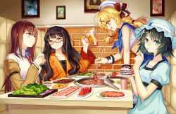 Rule 34 | 4girls, aqua eyes, black hair, blonde hair, blouse, blue eyes, bowl, braid, breasts, brown hair, cake, character request, chopsticks, collared shirt, cooking, couch, cup, flat chest, food, forever 7th capital, fruit, glasses, grilling, hair ribbon, hat, jacket, japanese clothes, kebab, long hair, looking at viewer, makise kurisu, meat, medium breasts, mirror (xilu4), multiple girls, necktie, off shoulder, orange eyes, plate, portrait (object), red eyes, ribbon, sailor collar, sailor hat, shiina mayuri, shirt, short hair, short twintails, smile, steins;gate, strawberry, sweatdrop, table, twin braids, twintails, vegetable, watermelon, wrist cuffs