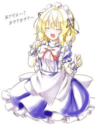 Rule 34 | 1girl, aka tawashi, apron, back bow, black ribbon, blonde hair, blue dress, blush, bow, breasts, closed eyes, dress, frills, hair between eyes, highres, maid, maid headdress, medium breasts, mugetsu (touhou), open mouth, pointing, puffy short sleeves, puffy sleeves, ribbon, short hair, short sleeves, simple background, smile, solo, standing, touhou, touhou (pc-98), translation request, white apron, white background, white bow, wrist cuffs