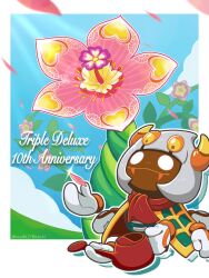 Rule 34 | anniversary, artist name, blue sky, border, closed mouth, cloud, commentary request, copyright name, dark skin, disembodied limb, falling petals, fangs, flower, glint, gloves, highres, horns, kashiwa (ksw04270mochi), kirby: triple deluxe, kirby (series), multiple hands, nintendo, outside border, petals, pink flower, rayman limbs, sky, taranza, twitter username, white border, white eyes, white gloves