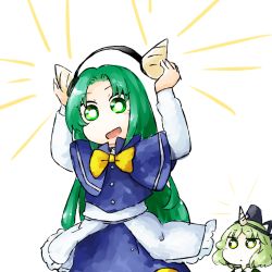 Rule 34 | 2girls, blue cape, blue capelet, blue shirt, blue skirt, bow, bowtie, cape, capelet, closed mouth, dress, fake horns, green eyes, green hair, hat, horns, long hair, long sleeves, mima (touhou), multiple girls, open mouth, ribbon, shirt, short hair, skirt, skirt set, smile, soga no tojiko, solo focus, tate eboshi, touhou, touhou (pc-98), wily beast and weakest creature, yaise, yellow bow, yellow neckwear