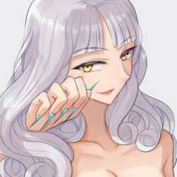 Rule 34 | 1girl, blue nails, blush, breasts, carmilla (fate), cleavage, collarbone, commentary request, curly hair, fate/grand order, fate (series), fingernails, grey background, hand on own cheek, hand on own face, kozara14, light blush, long fingernails, long hair, looking at viewer, medium breasts, nail polish, nude, portrait, sharp fingernails, silver hair, solo, upper body, yellow eyes
