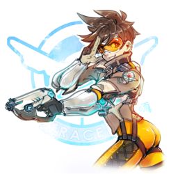 Rule 34 | 1girl, ass, bodysuit, bomber jacket, brown jacket, character name, chest harness, commentary, cross-laced clothes, cross-laced legwear, goggles, grin, gun, handgun, harness, holding, holding gun, holding weapon, jacket, orange bodysuit, overwatch, overwatch 1, pistol, salute, sleeves pushed up, smile, solo, sparklenaut, spiked hair, tracer (overwatch), two-finger salute, weapon