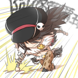 Rule 34 | 1boy, animal print, black cape, black footwear, black hair, black hat, brown jacket, brown pants, cabbie hat, cape, chain, chibi, closed mouth, commentary request, full body, fur collar, hat, hat ornament, jacket, leopard print, long hair, male focus, motion lines, natsuya (kuttuki), pants, print cape, print pants, ragnarok online, running, shadow chaser (ragnarok online), sheath, shoes, skull hat ornament, smiley face, solo, waist cape, white background