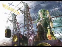 Rule 34 | 1girl, aircraft, airplane, bad id, bad pixiv id, contrail, green eyes, green hair, hatsune miku, headphones, letterboxed, long hair, matching hair/eyes, misato tomoki, power lines, solo, speaker, twintails, vocaloid, vocarock, wire
