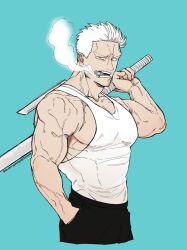 Rule 34 | 1boy, aqua background, bara, cigar, cropped legs, everydayajitama, facial hair, frown, goatee, highres, holding, holding weapon, large pectorals, looking at viewer, male focus, mature male, muscular, muscular male, one piece, pectorals, short hair, smoker (one piece), smoking, solo, standing, stubble, tank top, tsurime, weapon, white hair, white tank top