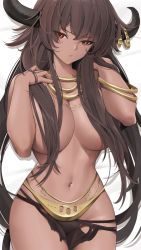 Rule 34 | 1girl, bed sheet, breasts, brown hair, commentary, cowboy shot, dakimakura (medium), dark-skinned female, dark skin, english commentary, eyes visible through hair, frown, hair censor, hair over breasts, highres, horn ornament, horns, jewelry, large breasts, long hair, looking at viewer, lying, navel, on back, original, red eyes, solo, tail, tony guisado, very long hair