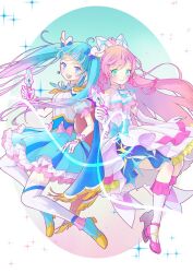 Rule 34 | 2girls, ahoge, aqua eyes, ascot, blue eyes, blue hair, bow, cape, cure prism, cure sky, detached sleeves, dress, earrings, elbow gloves, fingerless gloves, gloves, gradient hair, hair bow, hirogaru sky! precure, jewelry, long hair, magical girl, miminaga usagi, multicolored hair, multiple girls, nijigaoka mashiro, open mouth, pink hair, precure, puffy detached sleeves, puffy sleeves, single sidelock, smile, sora harewataru, two-sided cape, two-sided fabric, very long hair, white ascot, white bow, white dress, white gloves, wing hair ornament