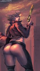 Rule 34 | 1girl, ass, ass cutout, black panties, blonde hair, blue eyes, breasts, chaps, city, clothing cutout, cloud, commission, cutesexyrobutts, elf, gun, handgun, highres, jacket, lips, looking at viewer, looking back, medium breasts, original, panties, pointy ears, revolver, science fiction, short hair, solo, thighs, underwear, weapon