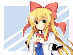 Rule 34 | 1girl, bad id, bad pixiv id, blonde hair, blush, bow, capelet, female focus, hair bow, interlocked fingers, itamochi, long hair, looking at viewer, own hands clasped, own hands together, shanghai doll, simple background, solo, touhou, upper body, yellow eyes