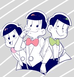 Rule 34 | 10s, 3boys, :&gt;, :3, alternate costume, bad id, bad pixiv id, black hair, bow, bowtie, brothers, formal, grey background, highres, jikuno, looking at viewer, male focus, matsuno choromatsu, matsuno osomatsu, matsuno todomatsu, multiple boys, osomatsu-kun, osomatsu-san, osomatsu (series), siblings, striped, striped background, suit, suspenders, traditional bowtie, wiping nose