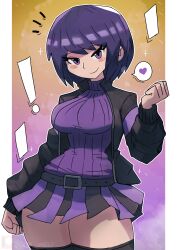 Rule 34 | !, 1girl, absurdres, belt, black belt, black jacket, black thighhighs, blush, breasts, gradient background, heart, highres, jacket, large breasts, long sleeves, looking at viewer, open clothes, open jacket, orange background, original, purple background, purple eyes, purple hair, purple skirt, purple sweater, purple theme, short hair, skirt, smile, sparkle, speech bubble, spoken heart, standing, striped clothes, striped skirt, sweater, thick thighs, thighhighs, thighs, tony welt, two-tone background, venda (tony welt)