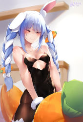 Rule 34 | 1girl, absurdres, animal ear fluff, animal ears, black gloves, black leotard, blue hair, bow, braid, brown pantyhose, carrot hair ornament, closed mouth, commentary, food-themed hair ornament, fur-trimmed gloves, fur trim, gloves, hair bow, hair ornament, half-closed eyes, highres, hololive, huge filesize, indoors, kana616, leotard, long hair, multicolored hair, pantyhose, rabbit ears, red eyes, short eyebrows, signature, sitting, smile, solo, spanish commentary, straddling, strapless, strapless leotard, stuffed carrot, thick eyebrows, twin braids, twintails, two-tone hair, usada pekora, usada pekora (1st costume), very long hair, virtual youtuber, white bow, white hair