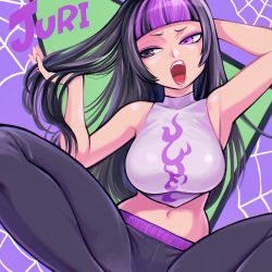 Rule 34 | adjusting hair, arms up, bare shoulders, black hair, character name, feet out of frame, green background, han juri, highres, long hair, midriff, multicolored hair, navel, open mouth, pants, purple background, purple eyes, purple hair, silk, sitting, spider web, spread legs, street fighter, street fighter v, takumi watanuki, two-tone hair, yoga pants