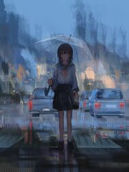 Rule 34 | 1girl, backlighting, cityscape, crosswalk, dim lighting, highres, impressionism, lanreta, original, outdoors, rain, road, school uniform, serafuku, transparent, transparent umbrella, umbrella