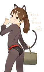 Rule 34 | 1girl, :3, absurdres, animal ear fluff, animal ears, arched back, ass, back, brown eyes, brown hair, cat ears, cat girl, cat tail, closed mouth, co botan, commentary request, fake animal ears, fake tail, feet out of frame, half-closed eyes, halloween, halloween costume, highres, holding, jack-o&#039;-lantern, kantai collection, long sleeves, looking at viewer, paw pose, petite, ryuujou (kancolle), sideways mouth, simple background, sketch, smirk, solo, tail, tail raised, trick or treat, twintails, white background