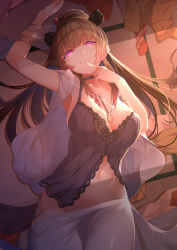 Rule 34 | 1girl, nanashi inc., animal ears, animare, arm up, armpits, babydoll, bare shoulders, blanket, bottomless, breasts, brown hair, choker, cleavage, commentary request, dark, glint, glowing, glowing eyes, hair ornament, hairpin, hand up, highres, jewelry, kokka han, lace trim, large breasts, long hair, looking at viewer, lying, naughty face, navel, necklace, on back, pink eyes, ponytail, sleeveless, smile, solo, stomach, tatami, virtual youtuber, yunohara izumi