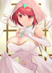 Rule 34 | 1girl, absurdres, breasts, bridal veil, bride, chest jewel, dress, elbow gloves, gloves, highres, jewelry, large breasts, pyra (xenoblade), red eyes, red hair, ring, shiratamaaji, short hair, solo, swept bangs, veil, wedding band, wedding dress, white dress, xenoblade chronicles (series), xenoblade chronicles 2
