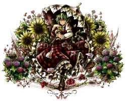 Rule 34 | 1girl, ascot, boots, breasts, cross-laced footwear, dress, female focus, flower, frilled skirt, frills, green hair, hand on another&#039;s chest, highres, kazami yuuka, lace, lace-trimmed skirt, lace trim, large breasts, link163353, long skirt, petticoat, plaid, plaid skirt, plaid vest, red eyes, red skirt, shaded face, skirt, skirt set, smile, solo, sunflower, touhou, umbrella, vest