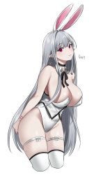 Rule 34 | 1girl, animal ears, arms behind back, bare arms, bare shoulders, black choker, breasts, choker, cleavage, commission, covered erect nipples, cropped legs, detached collar, earrings, grey hair, highleg, highleg leotard, highres, jewelry, kekek, large breasts, leotard, long hair, looking at viewer, neck ribbon, original, parted lips, playboy bunny, pointy ears, rabbit ears, red eyes, ribbon, simple background, skindentation, solo, strapless, strapless leotard, thigh strap, thighhighs, thighs, very long hair, white background, white leotard, white thighhighs