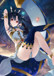 Rule 34 | 1girl, anklet, arm behind head, armlet, armpits, arms up, ass, asymmetrical footwear, asymmetrical legwear, asymmetrical sleeves, azuuru (azure0608), bare arms, bare legs, bare shoulders, black detached sleeves, black hair, black ribbon, blue thighhighs, boots, breasts, c:, chain, closed mouth, collar, crossed legs, crown, detached sleeves, earrings, elbow gloves, emerald (stone), fate/grand order, fate (series), female focus, floating, floating hair, gem, gloves, hair ribbon, highres, hoop earrings, ishtar (fate), jewelry, leg up, legs, levitation, long hair, looking at viewer, mismatched footwear, neck, neck ring, parted bangs, red eyes, red gemstone, revealing clothes, ribbon, single boot, single elbow glove, single sleeve, single thighhigh, sky, small breasts, smile, solo, star (sky), starry sky, strapless, thighhighs, thighlet, thighs, tohsaka rin, two side up, type-moon, uneven legwear, uneven sleeves, waist cape