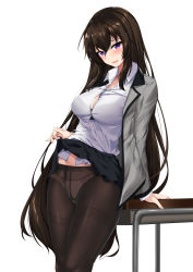 Rule 34 | 1girl, absurdres, arm support, black bra, black skirt, bra, bra visible through clothes, breasts, brown hair, brown pantyhose, button gap, clothes lift, collared shirt, counter:side, dress shirt, elze (s01047480836), embarrassed, grey jacket, gusset, hair down, highres, jacket, large breasts, lifted by self, long hair, long sleeves, looking at viewer, miniskirt, open clothes, open jacket, open mouth, panties, panties under pantyhose, pantyhose, pleated skirt, purple eyes, see-through, shirt, sidelocks, skirt, skirt lift, smile, solo, standing, sweatdrop, thighband pantyhose, underwear, very long hair, white shirt, yoo mina