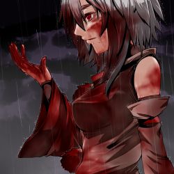 Rule 34 | 1girl, arm up, bare shoulders, blood, blood on face, blood stain, blood on clothes, blood in hair, blood on hands, cloud, cloudy sky, detached sleeves, female focus, icf, inubashiri momiji, mazuka kei, open hand, parted lips, pom pom (clothes), profile, rain, red eyes, sky, solo, touhou, water drop, white hair