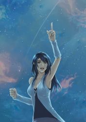 Rule 34 | 1girl, absurdres, arm warmers, armpits, black hair, breasts, cloud, final fantasy, final fantasy viii, highres, long hair, looking at viewer, noie (neunteedelstein), open mouth, pointing, pointing up, rinoa heartilly, sleeveless duster, smile, solo, teeth, upper teeth only