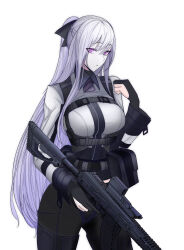 Rule 34 | 1girl, ak-12, ak-12 (girls&#039; frontline), artificial eyes, assault rifle, belt, belt pouch, black gloves, eyebrows hidden by hair, girls&#039; frontline, gloves, gun, hair between eyes, highres, holding, holding gun, holding weapon, kalashnikov rifle, long bangs, long hair, long sleeves, looking at viewer, pink eyes, ponytail, pouch, rifle, simple background, solo, strap, swavigg, tactical clothes, weapon, white background, white hair