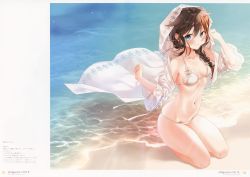 Rule 34 | 1girl, absurdres, ahoge, beach, bikini, braid, brown hair, hair ornament, highres, huge filesize, kantai collection, long hair, naoto (tulip), outdoors, page number, scan, shigure (kancolle), shore, simple background, single braid, solo, stomach, swimsuit, thighs, white bikini
