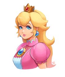 Rule 34 | 1girl, blonde hair, blue eyes, breasts, cropped torso, crown, dated, earrings, highres, jewelry, long hair, looking at viewer, mario (series), nintendo, parted lips, princess peach, puffy short sleeves, puffy sleeves, ravenousruss, short sleeves, sidelocks, signature, simple background, smile, solo, sparkle, upper body, white background