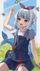 Rule 34 | 1girl, 3xens, arm at side, arms up, blue eyes, blue hair, blue skirt, blunt bangs, blush, bow hairband, bug, butterfly, buttons, choppy bangs, commentary request, fins, fish tail, frilled sleeves, frills, gawr gura, gawr gura (casual), grey hair, hair bobbles, hair ornament, hairband, highres, hololive, hololive english, insect, miniskirt, multicolored hair, official alternate costume, official alternate hairstyle, on grass, open mouth, shark girl, shark tail, sharp teeth, shirt, short sleeves, sidelocks, sitting, skirt, skirt set, solo, streaked hair, suspenders, tail, teeth, two side up, virtual youtuber, white shirt