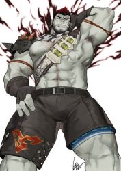 Rule 34 | 1boy, abs, armpits, warrior of light (ff14), bandaid, bandaid on cheek, bandaid on face, bara, bare pectorals, beard, black hair, bulge, cyphers, damian doyle (cyphers), dark-skinned male, dark skin, facial hair, fictional persona, gomtang, large pectorals, leg tattoo, male focus, male pubic hair, mature male, mismatched sclera, mohawk, muscular, muscular male, navel, navel hair, nipples, pectoral cleavage, pectorals, penis, pubic hair, short hair, sideburns, sidepec, solo, stomach, stubble, tattoo, thick thighs, thighs, third-party source